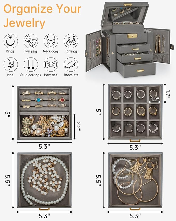 AKOZLIN 4-Tier Jewelry Box Leather Jewelry Storage Organizer with 3 Drawers Lockable for Women Girls Ring Necklace Earring Bracelet Holder with Mirror Dark Grey