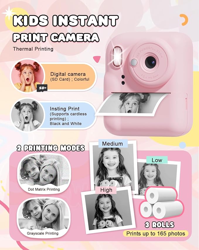 JOYJAM Kids Camera Instant Print, Upgrade Dual-Lens Selfie Digital Camera for Kids, HD 1080P, Christmas Birthday Gifts Toys for Girls Age 3-12, Toddler Portable Toy with SD Card 3 Rolls Print Paper