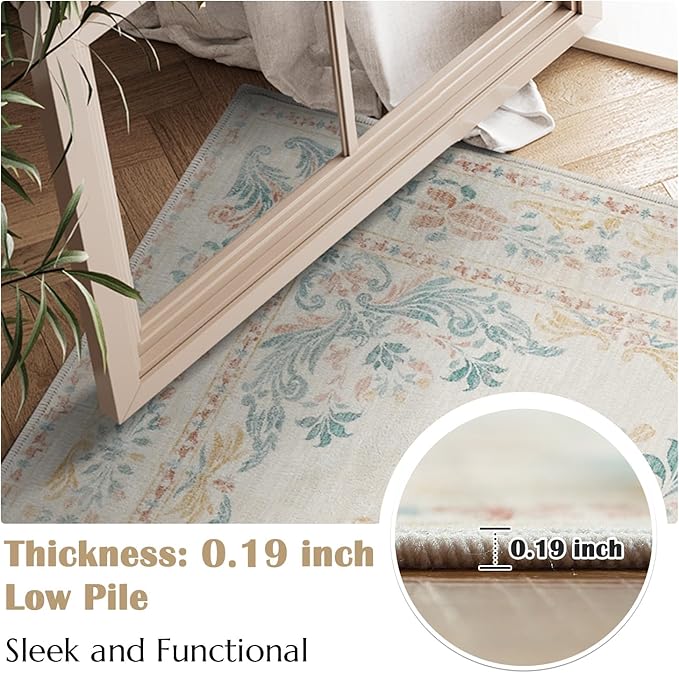jinchan Vintage Floral Runner Rug 2x6 - Machine Washable Distressed Design Non-Slip Low-Pile Soft Thin Carpet for Hallway Kitchen Farmhouse Bedroom Entryway Laundry Room (2x6ft,Apricot Multi)