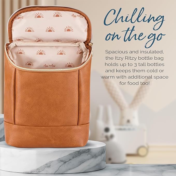 Itzy Ritzy Insulated Bottle Bag – Keeps Bottles Warm or Cool - Holds 3 Bottles & Features Interior Pocket for Ice Pack (Not Included), Cognac