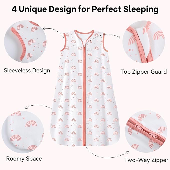 Baby Sleep Sack 0-6 Months 3 Pack 100% Cotton Lightweight 0.5 TOG Wearable Blanket Baby Sleep Bag with 2-Way Zipper for Newborn Infant Toddler Pink