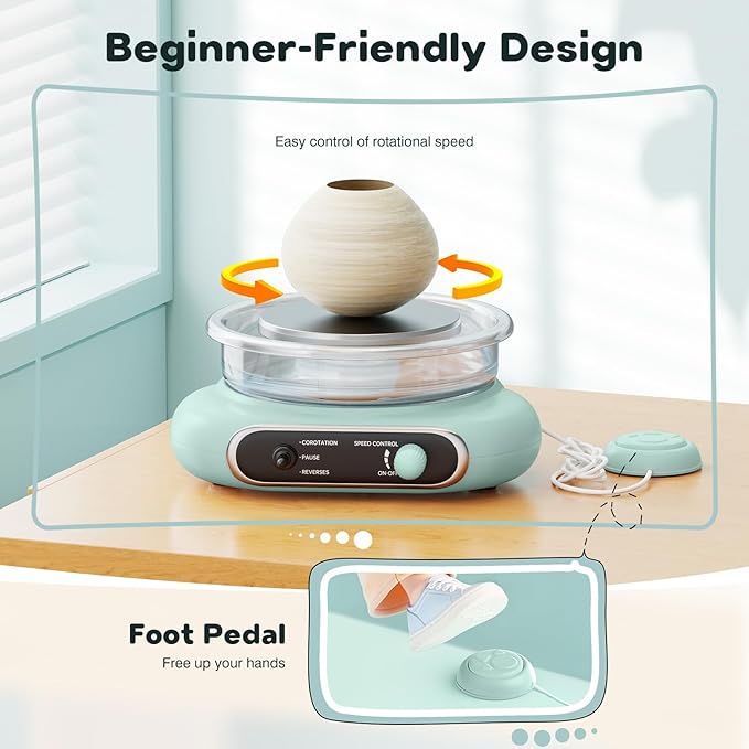Alldeer Mini Pottery Wheel Kit - 4.7" Turntable Electric Clay Wheel with Foot Pedal, Adjustable Speed Ceramic Making Machine with 8 Pottery Shaping Tools, Craft Kits for Kids