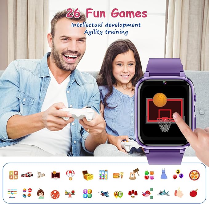 Goodatech 1.69'' Kids Smart Watch for Kids Boys Girls, HD Camera,26 Puzzle Games,Video Music Player,Pedometer,Flashlight,Alarm Clock, Christmas Birthday Gifts for 4-12 Years Children (Purple)