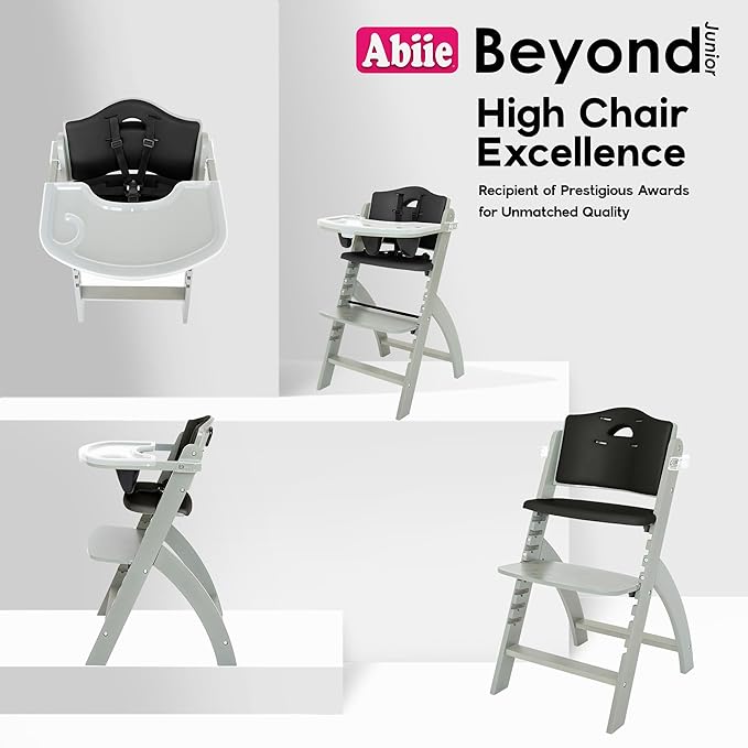 Abiie Beyond Junior Wooden High Chair with Tray - Adjustable and Convertible High Chair for Babies and Toddlers - 6 Months to 250 Lb - Water Resistant - Misty Grey Wood with Black Pearl Cushion
