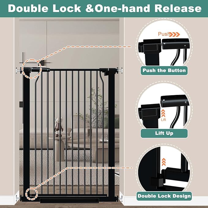 40.5" Extra Tall Baby Gate, 29.6"-32.5" Extra Wide Dog Pet Gate Pressure Mounted, Puppy Dog Proof Indoor Barrier, No Drill Safety Child Gate for Stairs 1.37" Narrow Space Metal Black Gate
