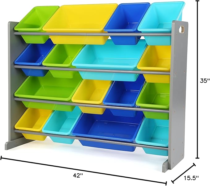 Humble Crew Supersized Toy Storage Organizer with 16 Removable Bins, Grey/Blue/Green/Yellow – Large Toy Storage for Toddlers Ideal for Kids' Rooms, Playrooms, and Nurseries - Modern Toy Bins for Kids
