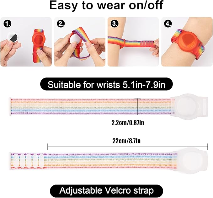 4 Pack Kids Wristband Compatible with Apple AirTag, Protective Case for Air Tag GPS Tracker Holder with Nylon Bracelet, Adjustable Anti Lost Watch Band for Toddler Child Elder (Rainbow & Blue & Pink)