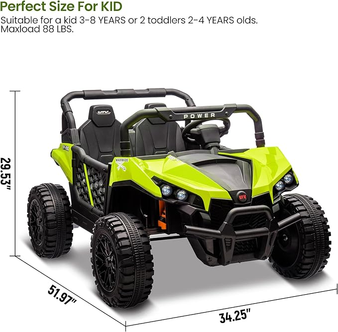 24V 2 Seater Ride On Car Truck, Power Wheels Kids UTV w/Parent Remote Control, 3.1 MPH Max Speed, Music Player, LED Lights & Storage, Electric Vehicle Ride On Toy for Kids Toddler Ages 3-8, Green
