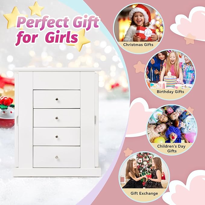 Jewelry Box for Girls, Musical Jewelry Box with Spinning Dancer Gifts for Little Girls Christmas New Year Birthday Children's Day, 5 Layer Large Wooden Kids Music Jewelry Organizer Box(White)