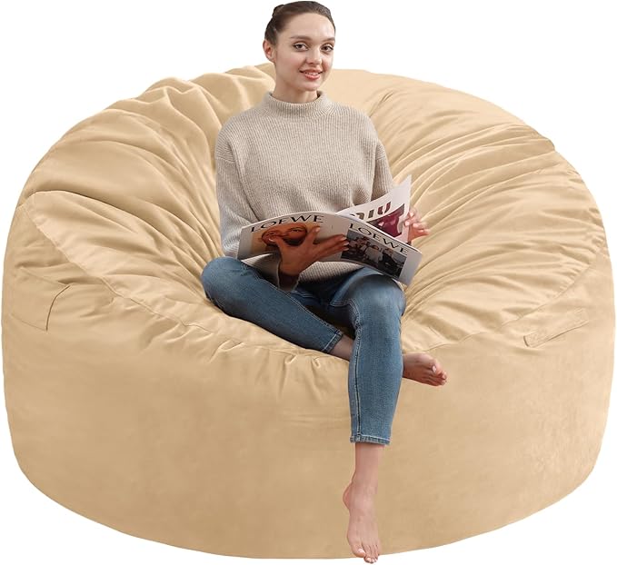 5FT Bean Bag Chair, Large Bean Bag Chairs with Memory Foam Filled, Fluffy Beanbag Sofa with Dutch Velvet Cover, Round BeanBag Chairs for Living Room, Playroom - Khaki