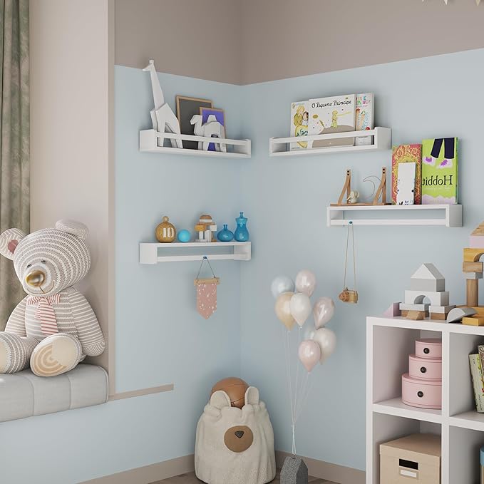Heimlove Nursery Floating Shelves, White Nursery Book Shelves for Wall, 24 inch Wall Bookshelf for Kids Solid Wood Wall Mounted Shelves for Books,Toys and Decor Storage, Set of 3