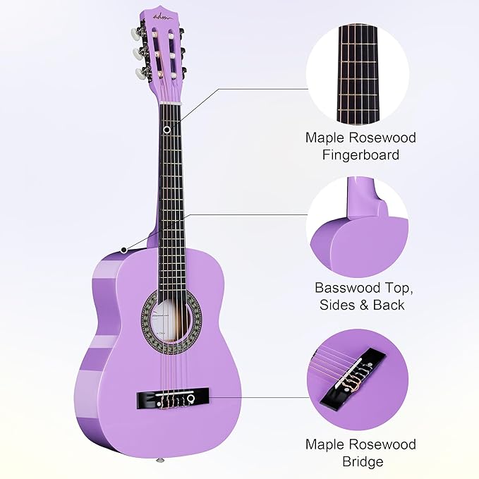 ADM Beginner Acoustic Classical Guitar 30 Inch Nylon Strings Wooden Guitar Bundle Kit for Kid Boy Girl Student Youth Guitarra Online Lessons with Gig Bag, Strap, Tuner, Strings, Picks, Purple