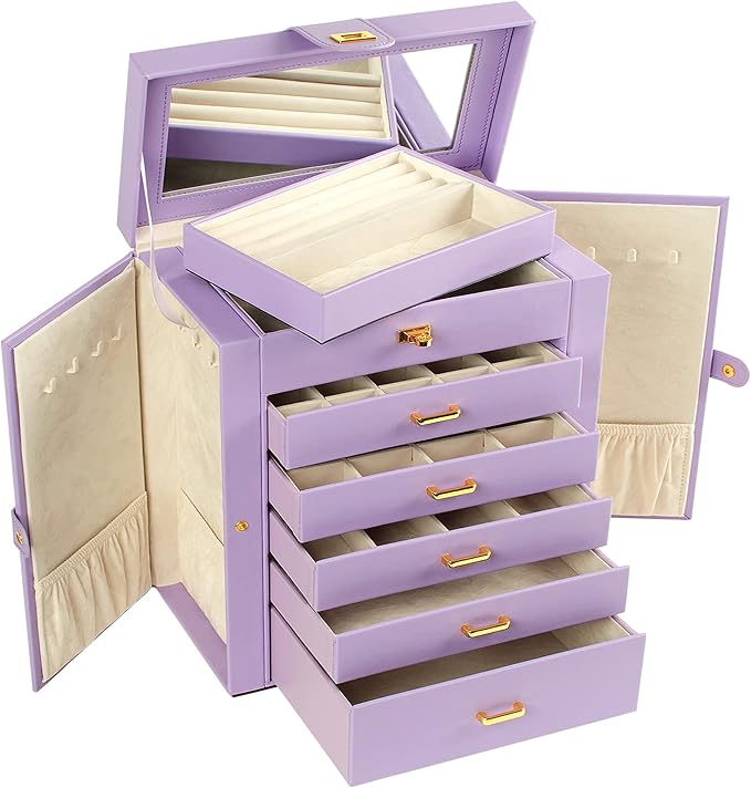 AKOZLIN Large Jewelry Box Organizer Functional Lockable with Big Mirror, Leather Jewelry Storage Case for Women Girls Ring Necklace Earring Bracelet Holder Organizer Violet
