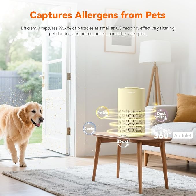 AIRROMI Air Purifier for Bedroom with HEPA Fet Filters, Pet Air Purifiers for Home Cat Pee Smell, Covers Up to 990Ft², Quiet 360° intake Air Cleaner for Allergies Dust Smoke Odor A2001 Yellow