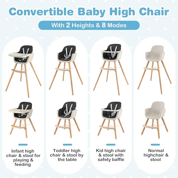 HONEY JOY Baby High Chair, 6-in-1 Eat & Grow Wooden Highchair/Toddler Chair with Removable Tray, 5-Point Harness, PU Cushion and Footrest, Convertible High Chair for Babies and Toddlers(Black)