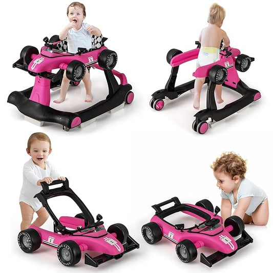 HONEY JOY 4-in-1 Baby Walker, Activity Push Walker w/3 Adjustable Heights, Smooth Wheels w/Adjustable Speed, Padded Seat, Music & Light, Foldable Car Walker for Baby Boys Girls Age 6 Months+ (Pink)