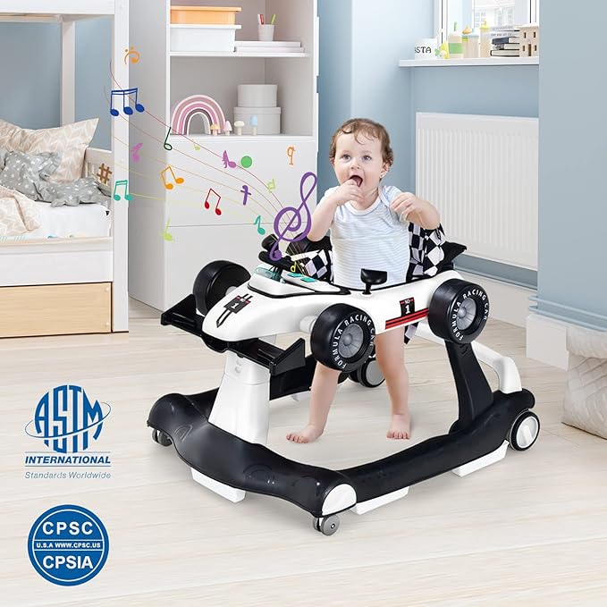 HONEY JOY 4-in-1 Baby Walker, Activity Push Walker w/3 Adjustable Heights, Smooth Wheels w/Adjustable Speed, Padded Seat, Music & Light, Foldable Car Walker for Baby Boys Girls Age 6 Months+ (White)