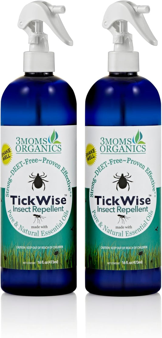 3 Moms Organics, TickWise 16oz Extra Strength Double Mama 2-Pack - DEET- Free, Tick and Insect Repellent, Plant Based Essential Oils, All Natural Ingredients, Safe for Kids, Adults, Dogs & Horses