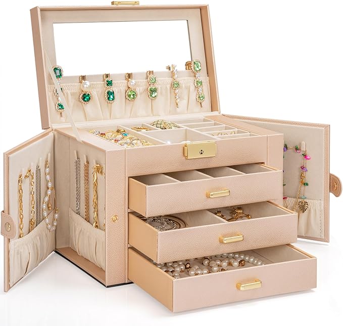 AKOZLIN Large 4-Tier Jewelry Box Leather Jewelry Storage Organizer with 3 Drawers Lockable for Women Girls Ring Necklace Earring Bracelet Watches Holder with Mirror Champagne