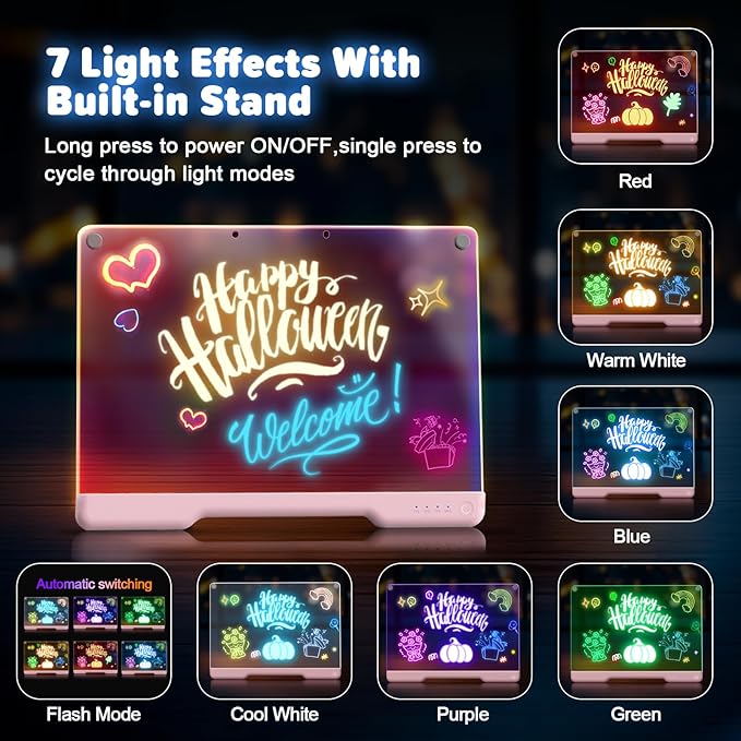 16-Inch Rechargeable Doodle Glow LED Note Board, 7-Color Light Modes, Neon Art Dry Erase Light Up Drawing Pad with Built-in Stand, Sketching Gift Toy for Kids/Girls/Teens, 5 Markers & Tracing Book