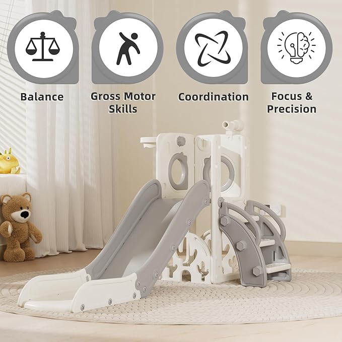 KORIMEFA 7 in 1 Toddler Slide, Kids Slide for Toddlers Baby 1-3 Years Old, Indoor and Outdoor with Basketball Hoop & Golf Set, Plastic Slides for Kids Easy Assembly, Grey