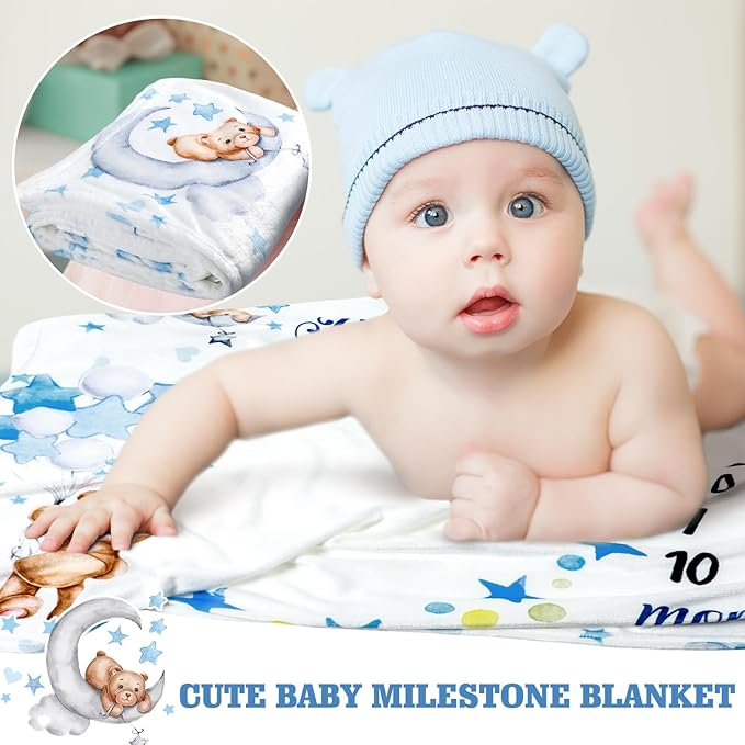 Sleeping Bear Monthly Baby Milestone Blanket Bear Star Balloon Flannel Blanket Boy Newborn Infant Swaddle Growth Baby Frame for Boys Girls Nursery (Blue)
