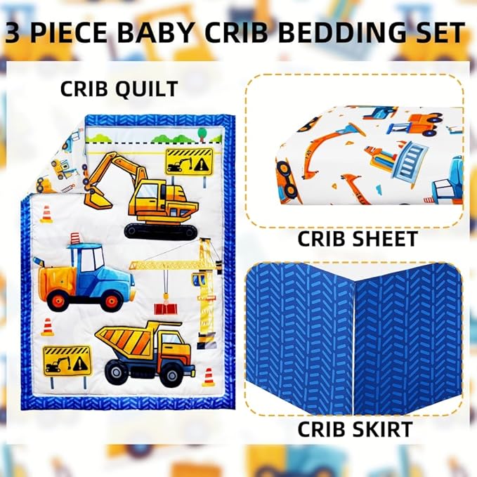 3 Piece Baby Boy Crib Bedding Set Construction Theme Baby Comforter Set for Crib Nursery Bed Set Decor with Fitted Crib Sheet, Comforter and Skirt for Boys Girls (Construction)