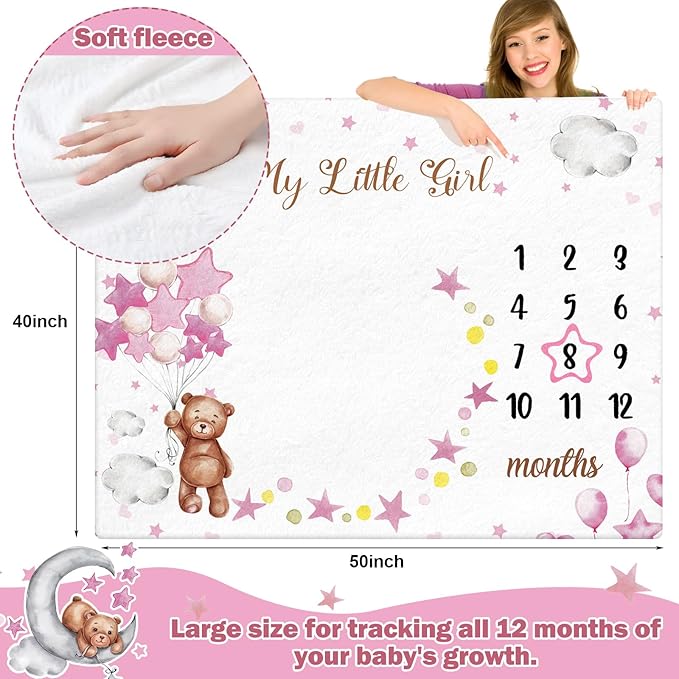 Sleeping Bear Monthly Baby Milestone Blanket Bear Star Balloon Flannel Blanket Boy Newborn Infant Swaddle Growth Chart Baby with Frame for Boys Girls Nursery (Pink)