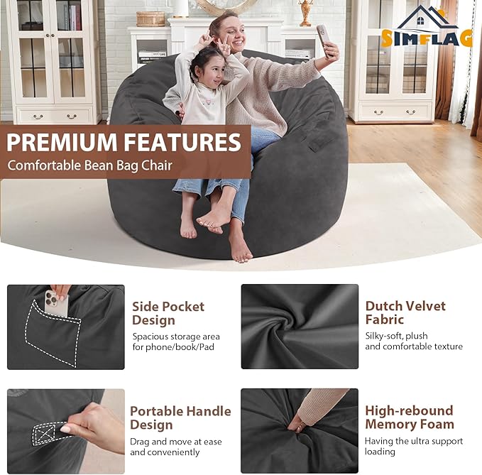 3FT Bean Bag Chair, Comfy Bean Bag Chairs with Memory Foam Filled, Fluffy Beanbag Sofa with Dutch Velvet Cover, Round BeanBag Chairs for Living Room, Playroom- Grey