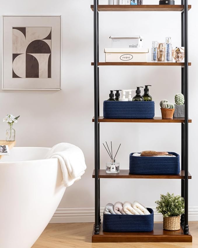 KALLAX Small Woven Basket, 12 x 8 x 4.5 Inches, Storage Basket for Organizing, Cute Small Rope Shelf Closet Cube Storage Bins Baskets for Shelves, Dog Toy Gift Baskets Empty, 3 Packs, Navy Blue