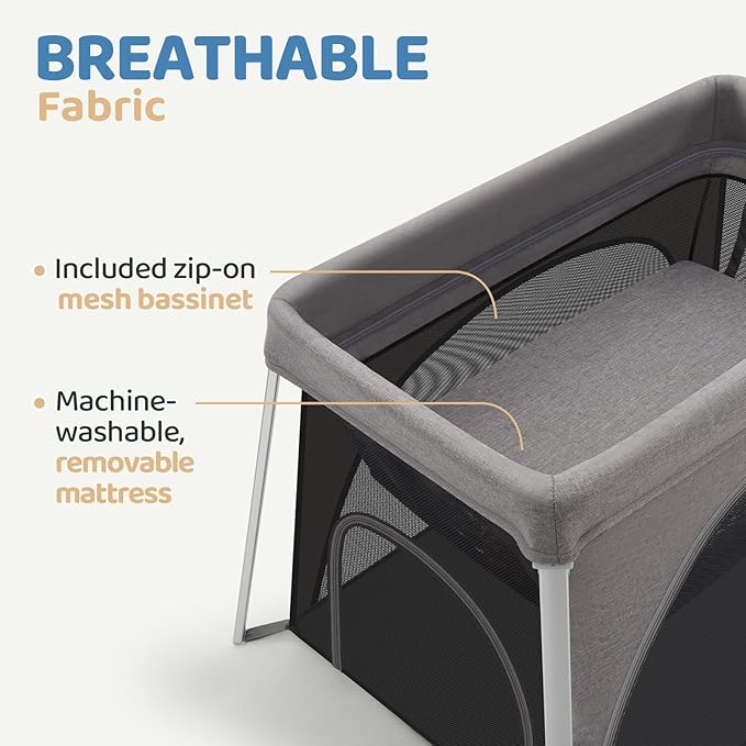 HARPPA Travel Crib with Comfy Mattress, Lightweight Portable Crib Requires No Assembly, Foldable Pack and Play for Baby and Toddlers, Compact Play Yard with Bed,Gray