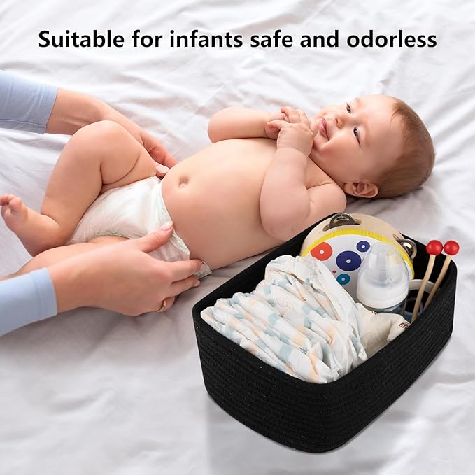 4 Pack Small Storage Shelf Baskets for Organizing, Mini Woven Rope Storage Bins for Towels, Cute Decorative Closet Organizer，Baby Nursery, Gift Empty Baskets -13''Lx8.66''Wx5.11''H-Black