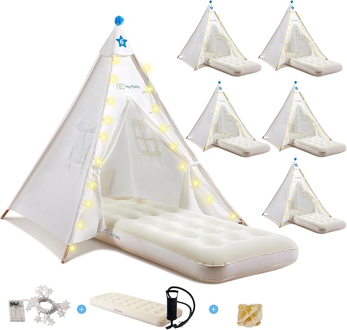6 Pack Teepee Tent for Kids with Inflatable Airbed, Light, Toddler Tent Children Room Tents, Slumber Party Sleepover Tents, Indoor Outdoor Kids Playtent Playhouse for Girls & Boys