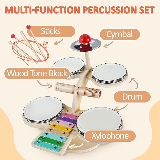 iPlay, iLearn Toddler Wooden Drum Set, Kids Musical Instruments Toy, 8 in 1 Percussion Drum Kit W/Xylophone Cymbal, Baby Montessori Learning Birthday Gifts for 18 Month, 2 3 4 5 6 Year Old Boy Girl