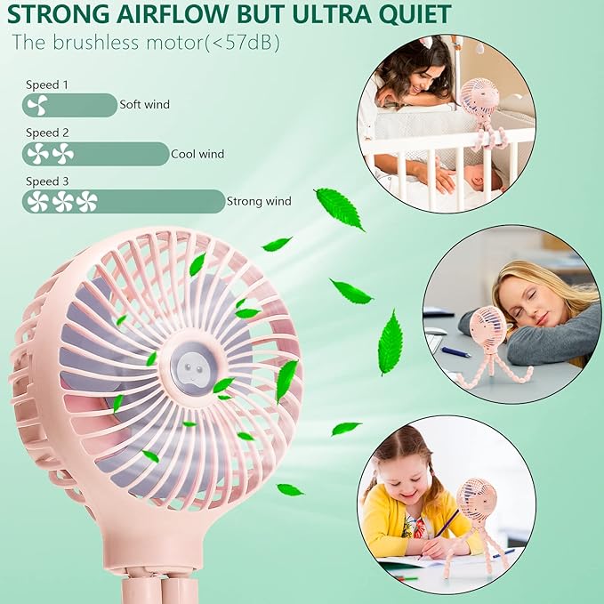 snawowo Mini Handheld Personal Portable Fan, Baby Stroller Fan, Car Seat USB or Battery Powered, with Flexible Tripod Clip on Student Bed Desk Bike Crib Treadmill Camping Traveling(Pink)