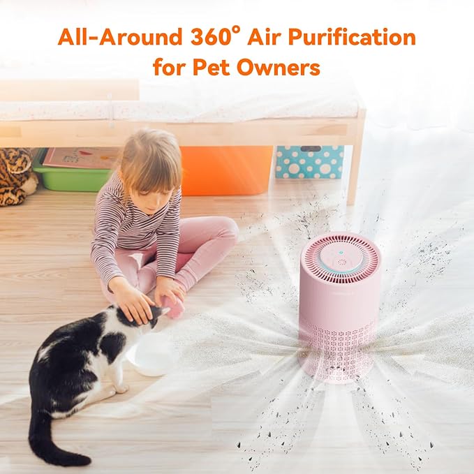 AIRROMI Air Purifier for Bedroom with HEPA 3-in-1 Filter, Pet Air Purifier for Home Cat Pee Smell, Covers Upto 990 Ft², Quiet 360° intake Air Cleaner for pet hair,allergies,Dust,Smoke A2001 Pink