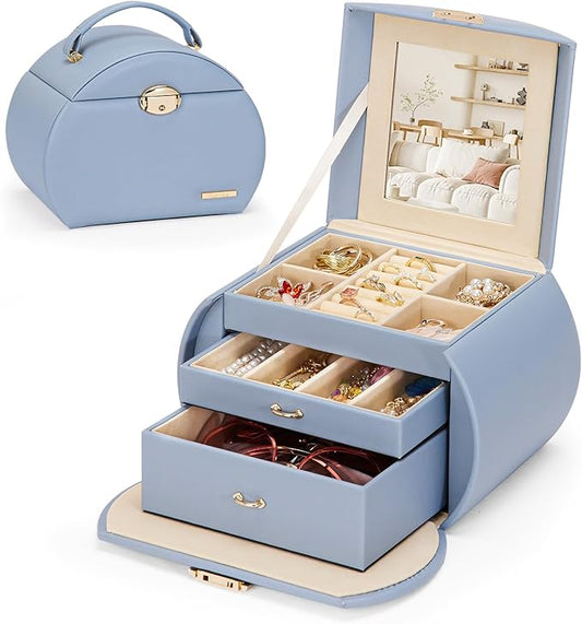 Homde Girls Jewelry Box Jewelry Storage Case Organizer Faux Leather with Mirror for Rings, Earrings, Bracelets, Necklaces (Grey Blue)