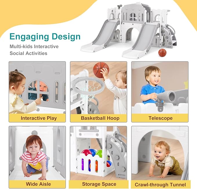 JOYLDIAS 9 in 1 Toddler Slide, Toddler Playground with Double Slides, Climber,Basketball Hoop,Tunnel, Telescope, Storage Space and Non-Slip Step, Indoor Outdoor Backyard Playset for Toddlers Age 1-3+