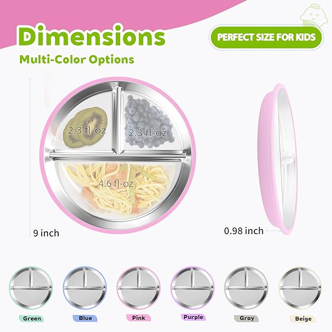 3-Pack Stainless Steel Baby Plates with Suction, BPA-Free Stainless Steel Kids Plates, 9" Divided Toddler Plate for Dishwasher Safe, Non-Slip Silicone Base, Detachable (Pink, Gray, Purple)