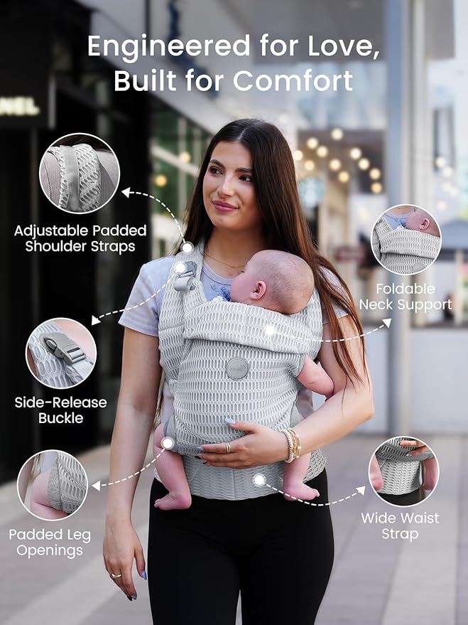GROWNSY Baby Carrier Newborn to Toddler, Breathable Mesh Carrier(7-44lbs) with One-Click Sliding Clasp, Head Support, Ergonomic Design and Hands-Free Comfort, Silver Gray
