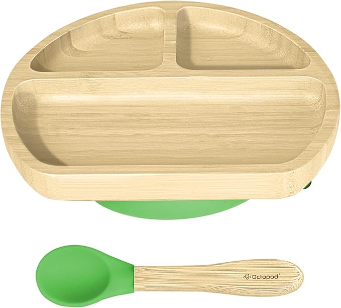 Abiie Octopod Bamboo Dish - Kids Plates for 4 months and up, 3-Compartment Baby Plates with Suction, Triangle Bamboo Baby Plate, Mess-Free Toddler Suction Plates, Baby Feeding Supplies, 8.3x1.9x7.7 in