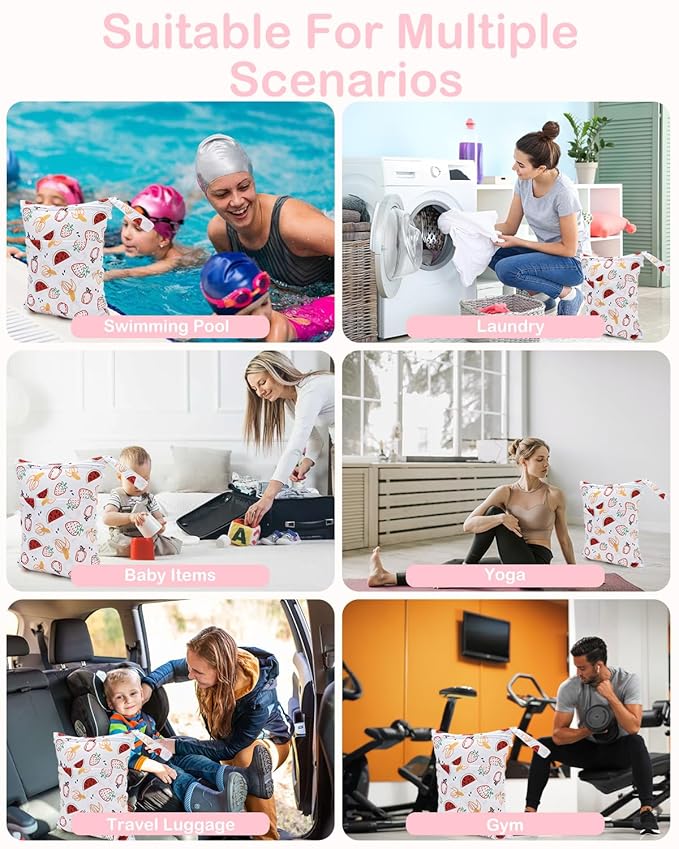 ALVABABY 3 Cloth Diaper Wet Dry Bags Waterproof Reusable with Two Zippered Pockets Travel Beach Pool Daycare Soiled Baby Items Yoga Gym Bag for Swimsuits or Wet Clothes Small Medium Large 3L-ZM27