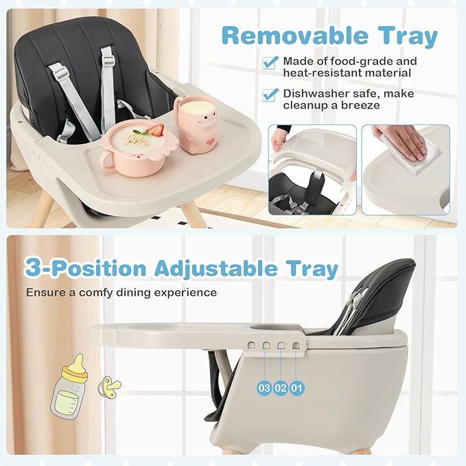 HONEY JOY Baby High Chair, 6-in-1 Eat & Grow Wooden Highchair/Toddler Chair with Removable Tray, 5-Point Harness, PU Cushion and Footrest, Convertible High Chair for Babies and Toddlers(Black)