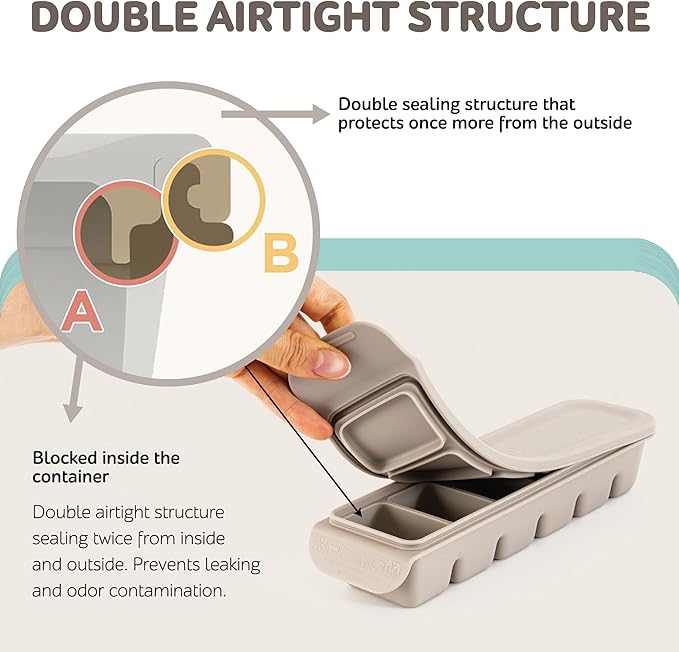 6 Section-1oz, Gray 100% Food Grade Silicone Ice Cube Tray Food Container with Airtight Locking Lid, Fruit Vegetable Purees, Breastmilk Storage for Baby & Toddler Food | BPA Free Korea Made