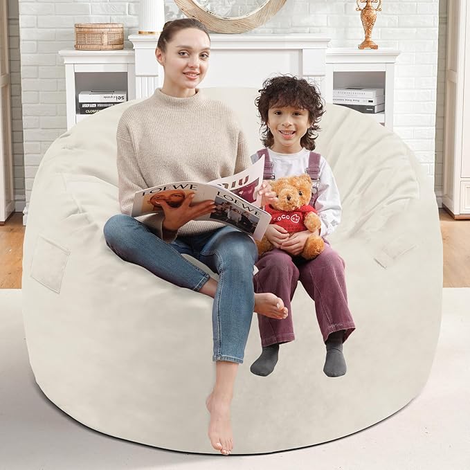 3FT Bean Bag Chair, Comfy Bean Bag Chairs with Memory Foam Filled, Fluffy Beanbag Sofa with Dutch Velvet Cover, Round BeanBag Chairs for Living Room, Playroom - Beige