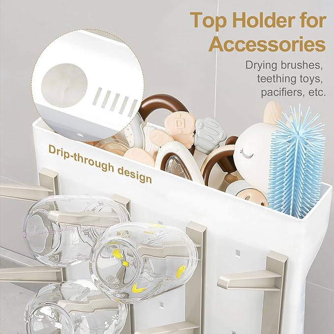 GoMaihe Baby Bottle Drying Rack: Space Saving Vertical Bottle Dryer Holder - Baby Accessories Storage Stand Organize Brushes Pacifiers on Countertop - BPA-Free - Beige