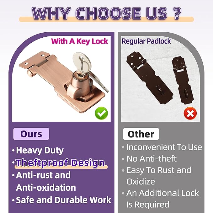 Alise Keyed Hasp Lock,3 Inch Safety Packlock Clasp Hasp Lock Latch with Lock,Door Hinge Lock with Keys Keyed Locking Hasp for Cabinets Closets Doors,Red Bronze