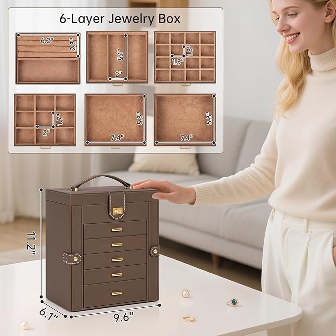 AKOZLIN 6-Tier Jewelry Box Organizer Functional 5 Drawers Leather Jewelry Storage Case for Women Girls Ring Necklace Earring Bracelet Holder Organizer with Mirror Brown