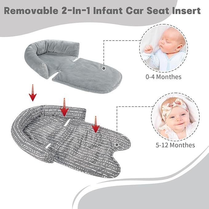 Infant Car Seat Insert, Baby Car Seat Head & Body Support with 2 Strap Pads, Ultra Soft Newborn Preemie Carseat Insert Cushion for Girls Boys, Fits Car Seat, Stroller, Swing, Bouncer, Grey