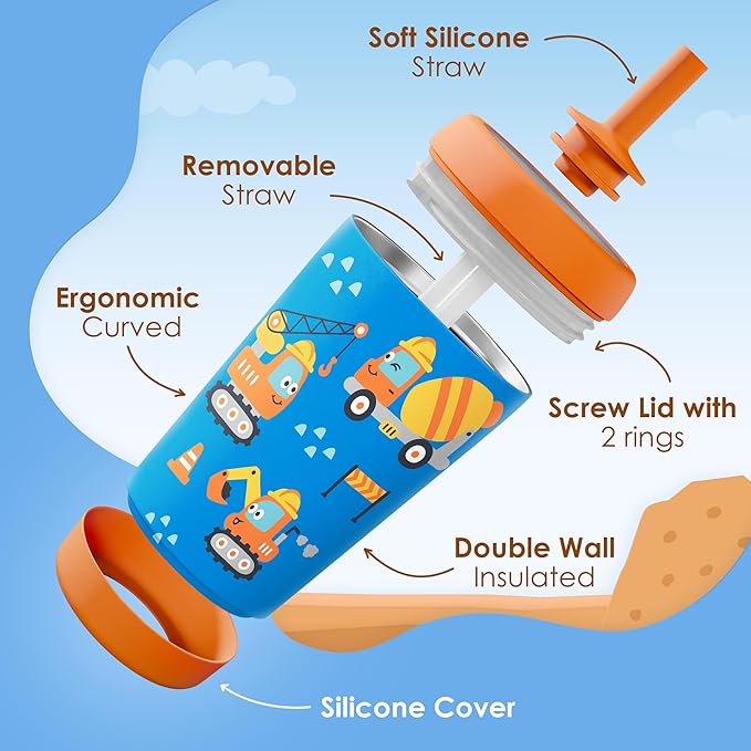 Kid Insulated Stainless Steel Tumbler with Silicone Straw, 12oz Sippy Cup for Kids (Construction Trucks)